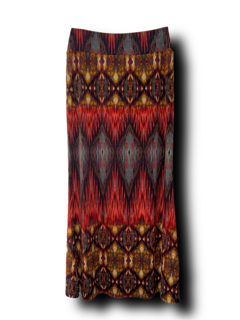Karen Kane Southwest-Inspired Ikat Print Slinky Boho Maxi Skirt Fall Vibes